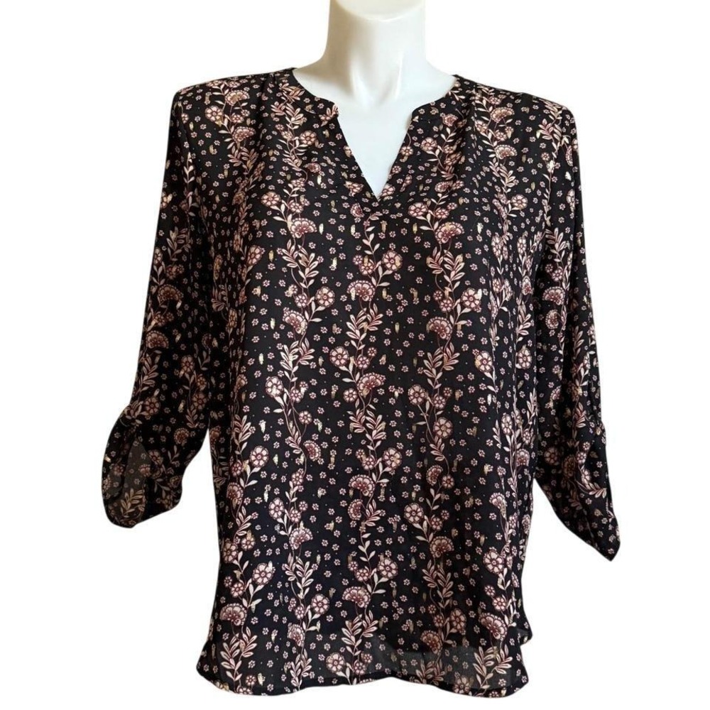 Maurices Womens Black Floral Gold Metallic Roll Tab Sleeve V-Neck Blouse Top XL